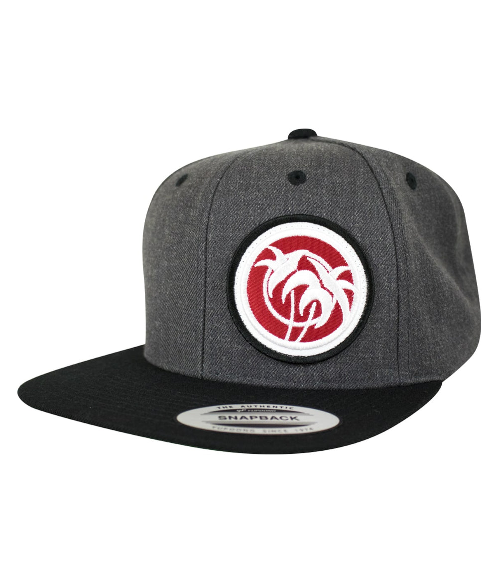 Rojo Negro Patch flatbill snapback hat featuring a red and white palm logo on a gray cap.