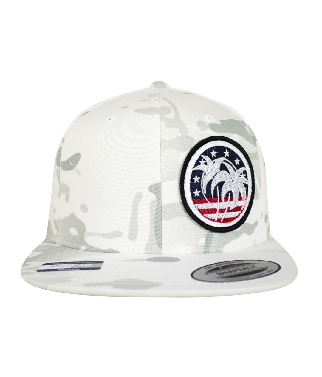 Spirit of 76 snapback hat with palm trees and Americana design on a white camo background