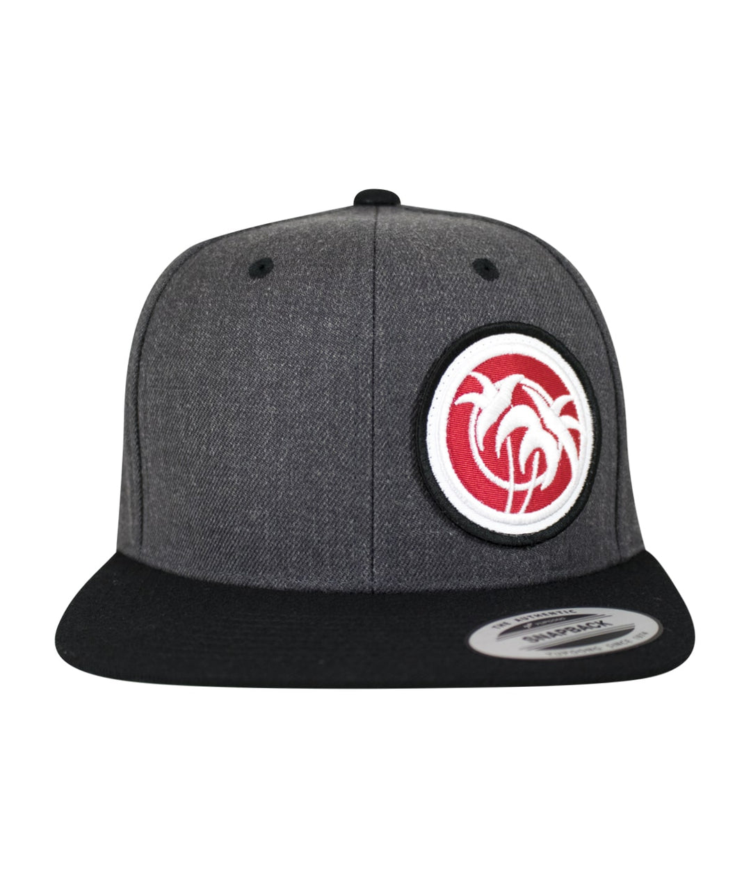 Rojo Negro Patch flatbill snapback hat with palm tree logo in red and white on gray fabric.