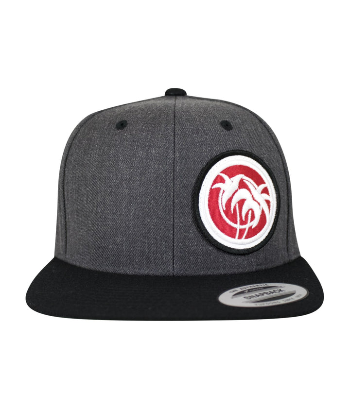 Rojo Negro Patch flatbill snapback hat with palm tree logo in red and white on gray fabric.