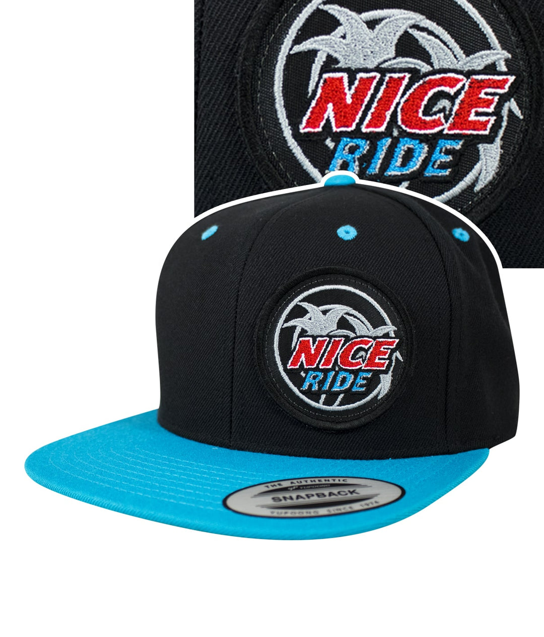 Choo Choo Patch flatbill snapback hat with blue visor and embroidered NICE RIDE logo on front.