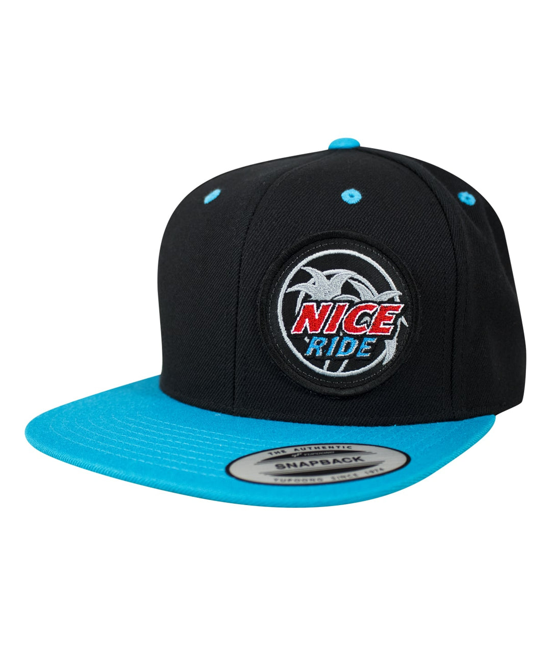 Black and teal flatbill snapback hat featuring NICERIDE logo patch on front, stylish and comfortable cap.