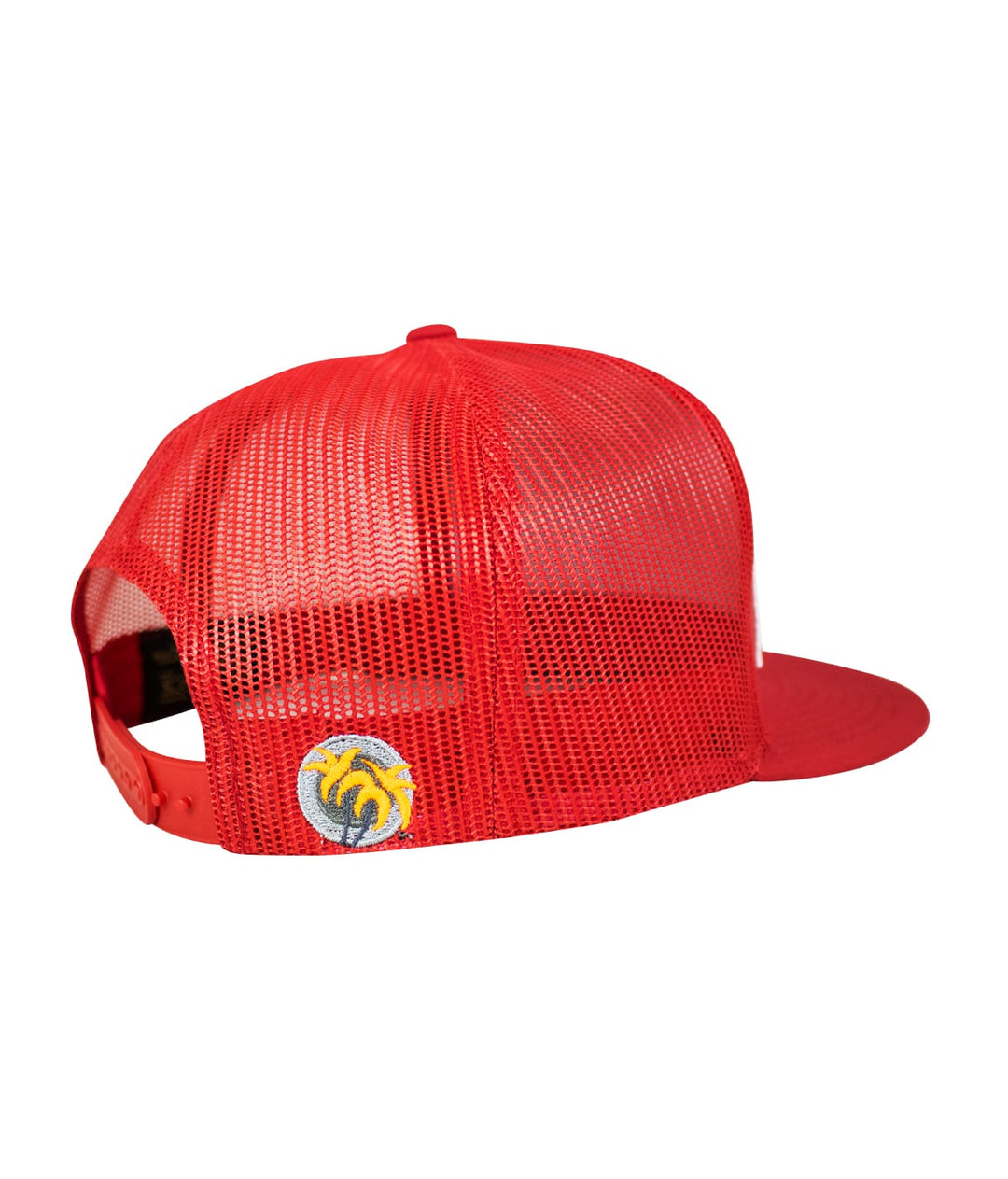 Back view of the Buck-Eye Combo Patch unisex snapback trucker hat in red with mesh panels and embroidered logo.
