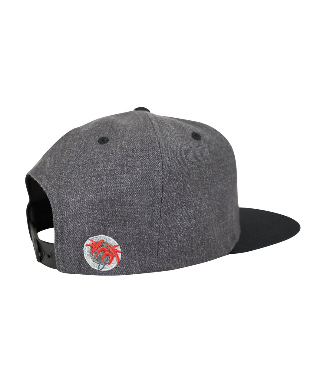 Back view of the Choo Choo Patch flatbill snapback hat showing the embroidered logo and grey fabric.
