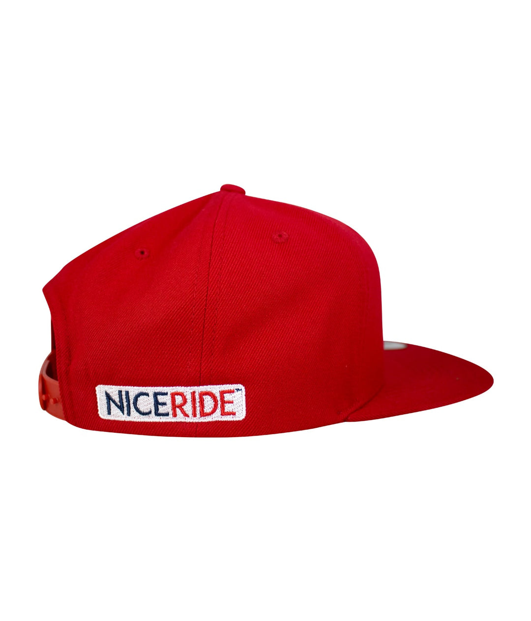 Back view of NICERIDE Spirit of 76 flatbill snapback hat in red with logo detailing.