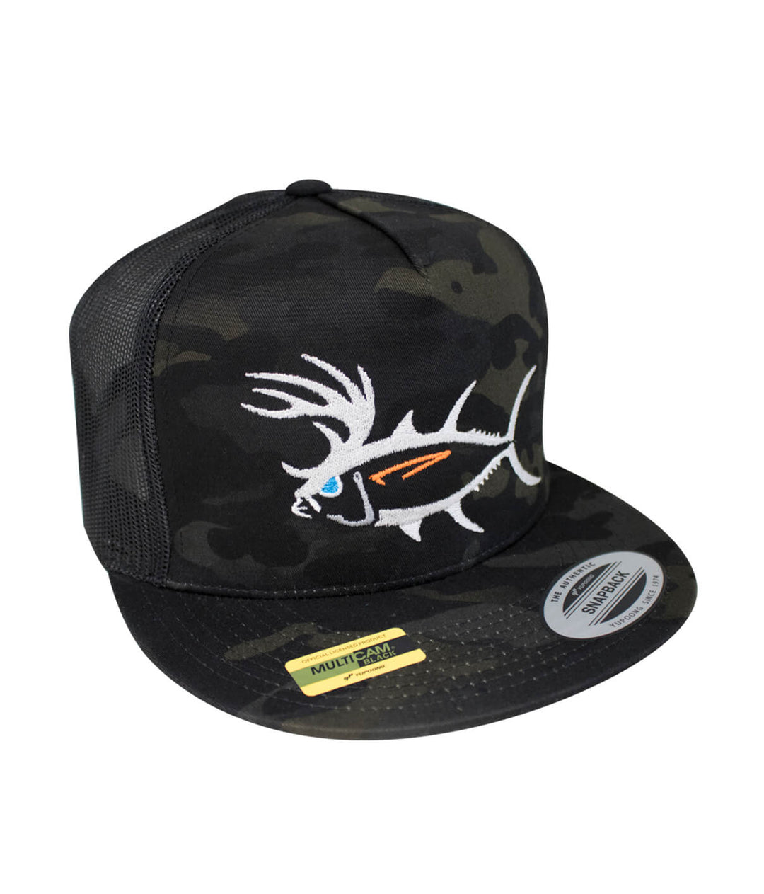 Buck-Eye unisex trucker hat featuring embroidered design on a camouflage cap, ideal for outdoor activities.