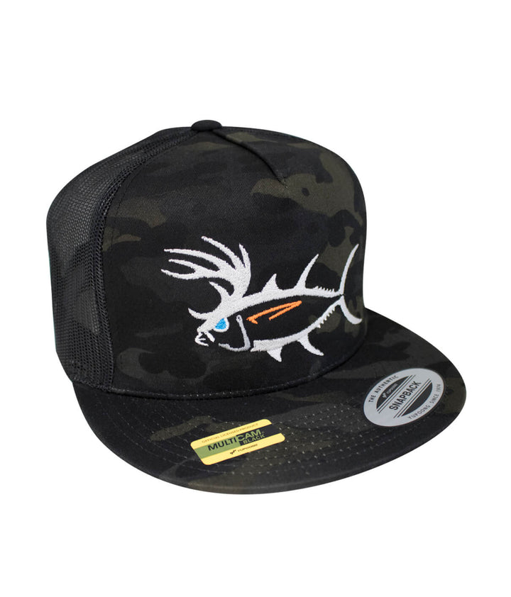 Buck-Eye unisex trucker hat featuring embroidered design on a camouflage cap, ideal for outdoor activities.
