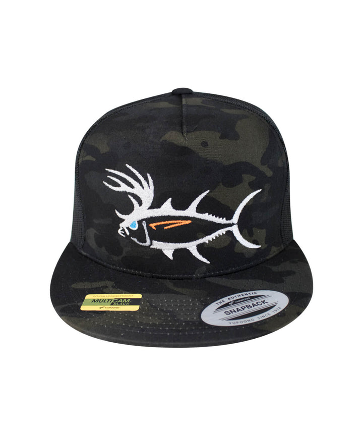 "Buck-Eye" Unisex Trucker Hat in camo pattern featuring fish design, perfect hat for fishing and outdoor activities.