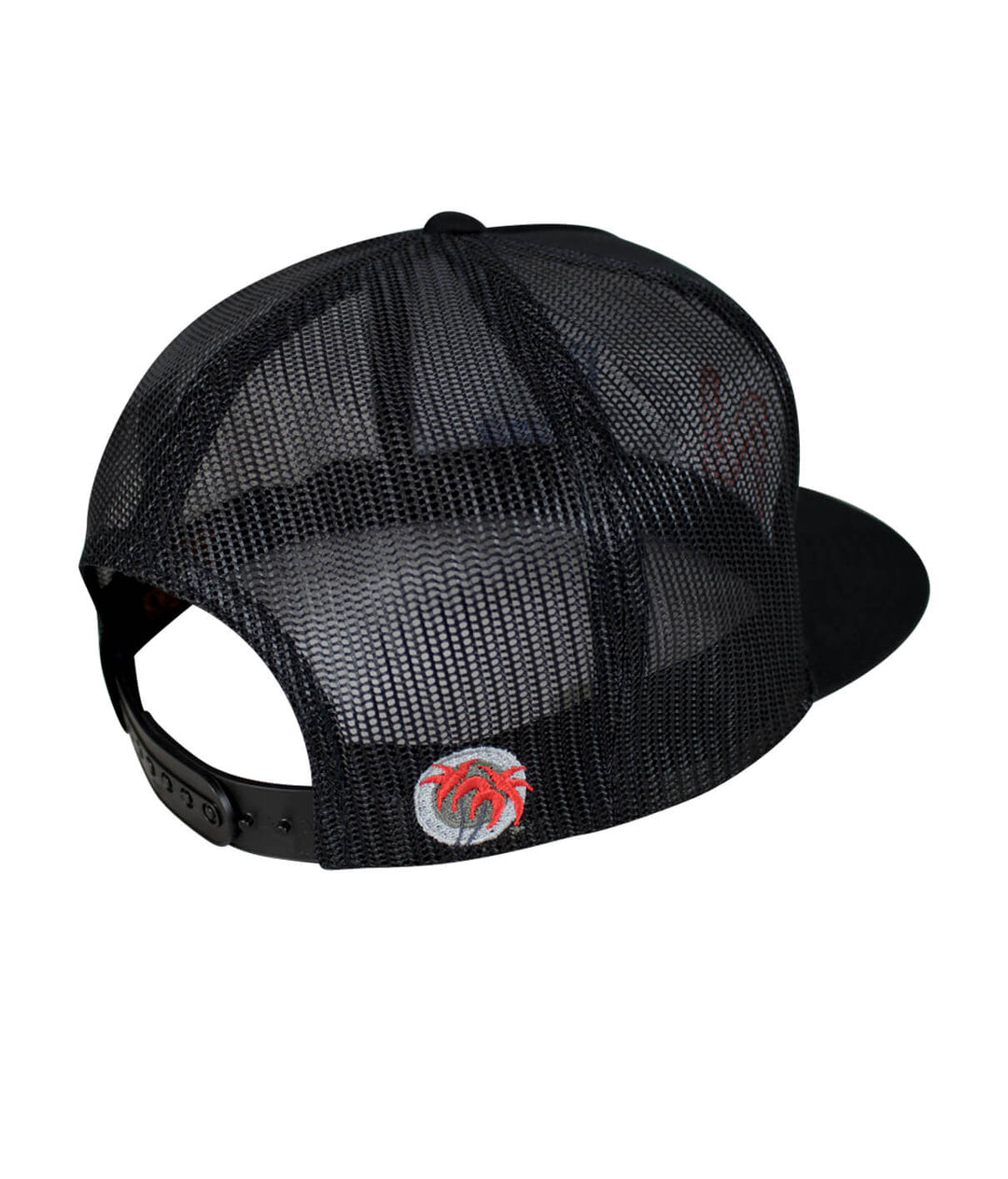 Back view of a Bulls Eye Trucker Hat featuring a mesh design and palm logo on the side, perfect summer hat.