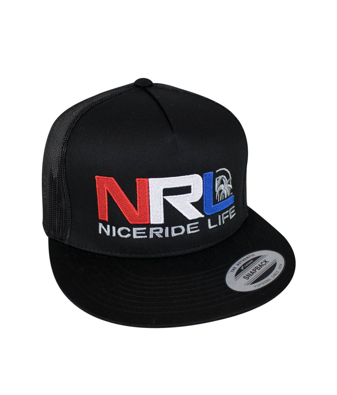Bulls Eye Trucker Hat, a NICERIDE classic snapback hat with embroidered design, black and colorful accents.