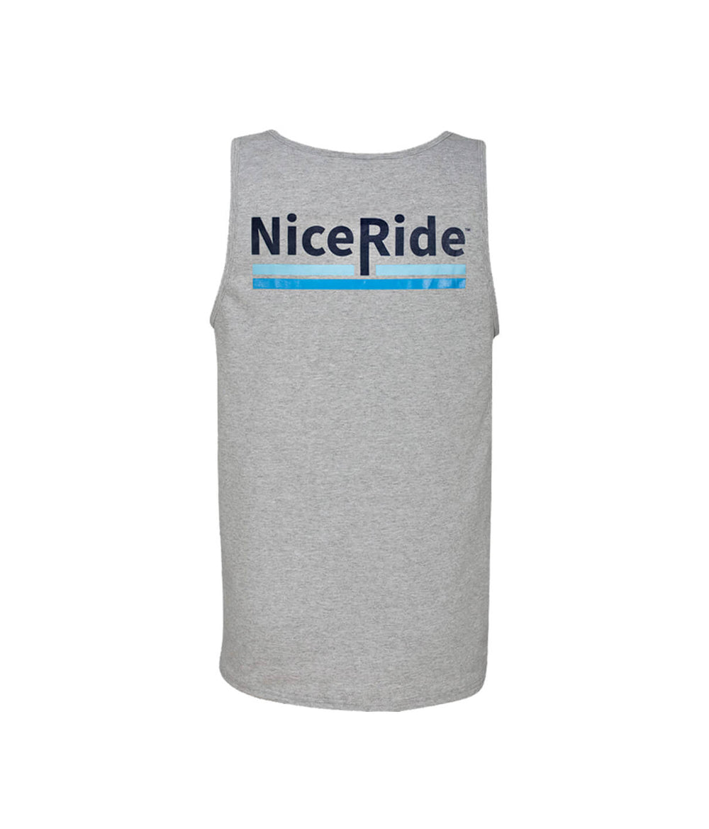 Low Tide gray tank top by Fruit Of The Loom featuring NiceRide logo on the back.