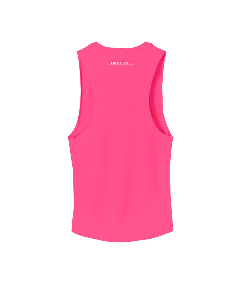 Back view of pink District 100% cotton women's tank top with NICERIDE logo.