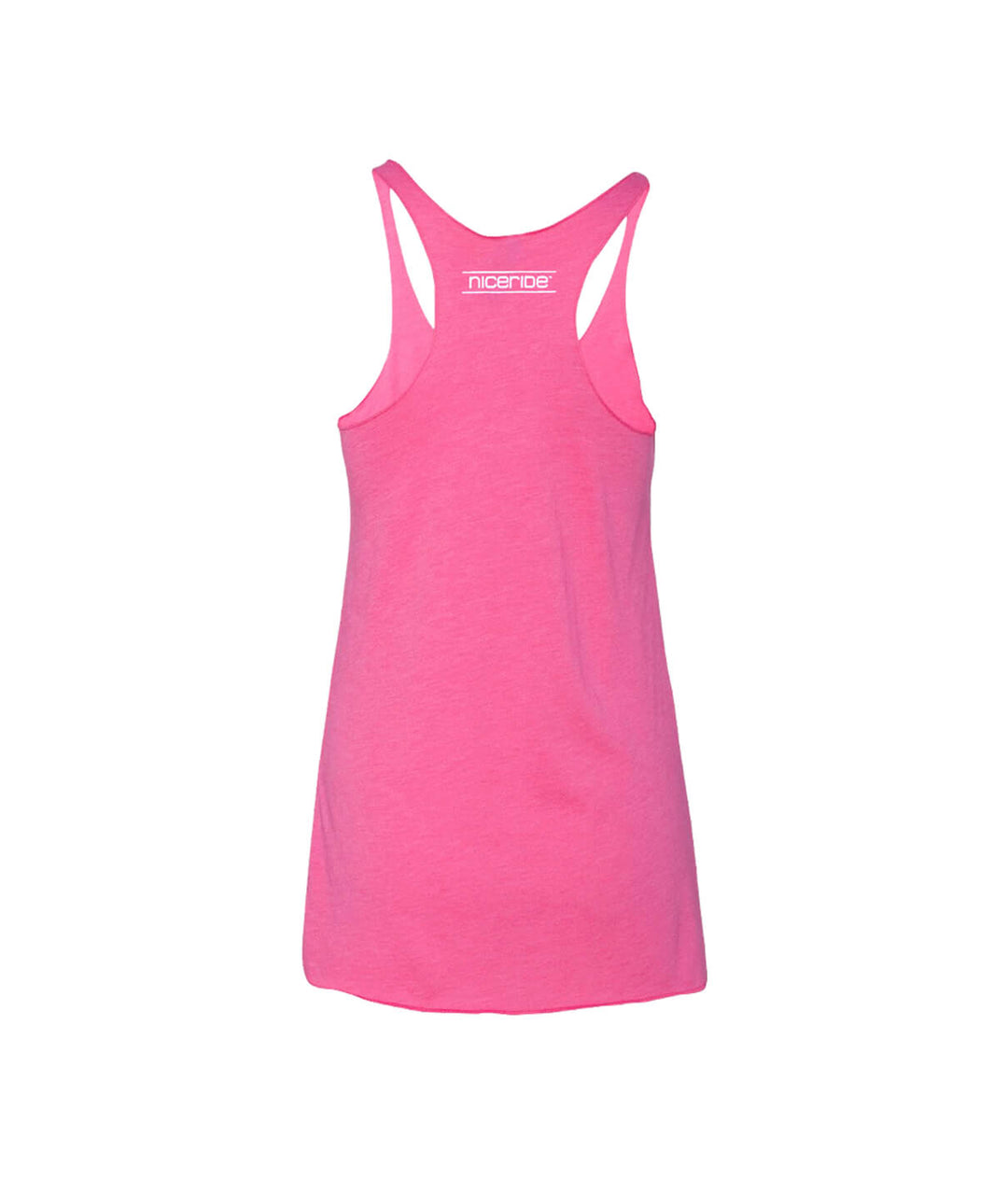 Back view of Influencer pink tank with racerback style, made from ultra-soft tri-blend fabric.