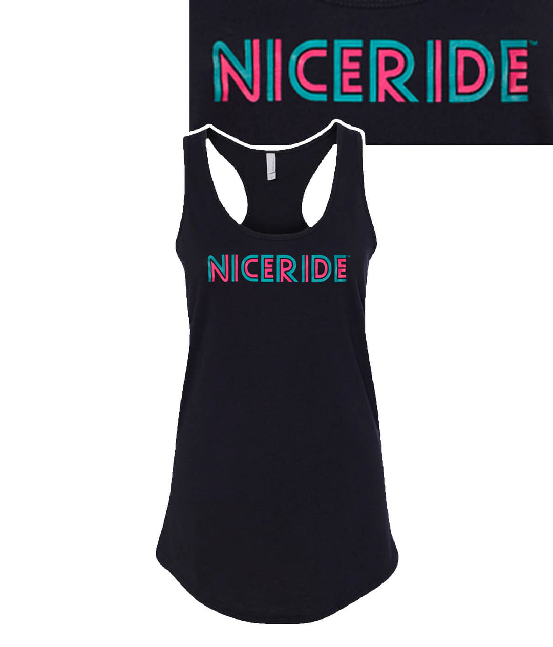 Disco - Black Or White Next Level Women's Racerback Tank Top featuring NICERIDE logo in vibrant colors.
