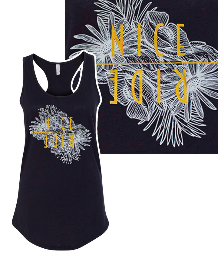 Paradise racerback tank top in black with NICERIDE design, featuring soft fabric and a fitted style, perfect for summer.