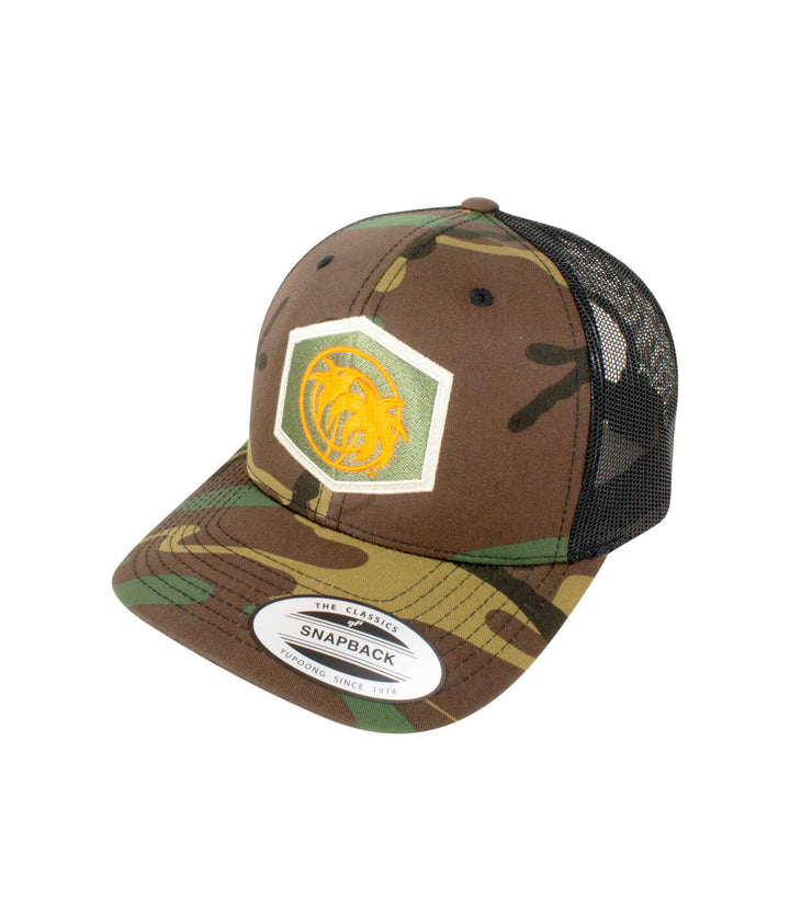 Palm Socket retro trucker hat with camo design, embroidered palm logo, classic hat style.