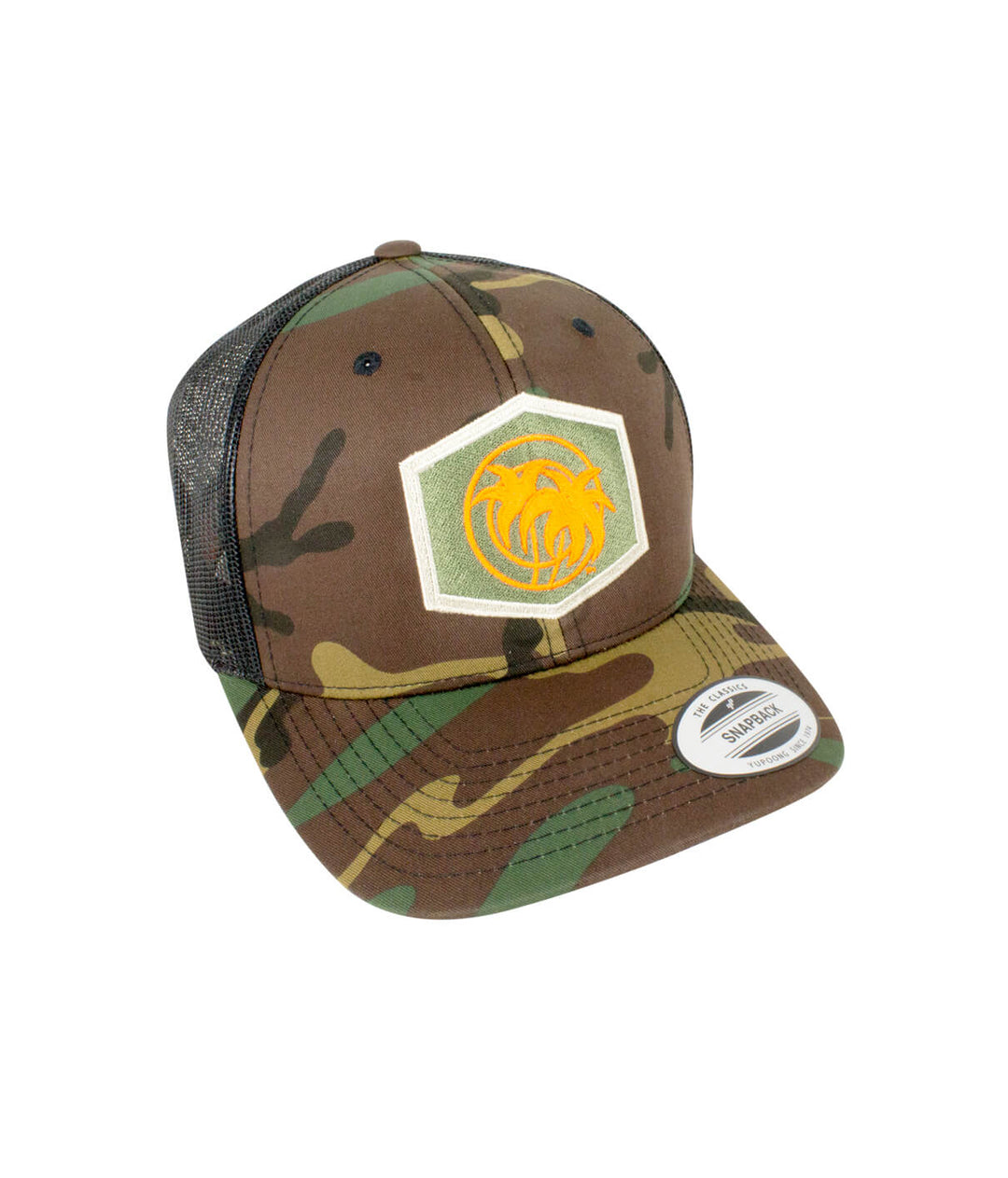 Palm Socket Retro Trucker Hat featuring camo design and embroidered logo. Perfect hat for casual wear.
