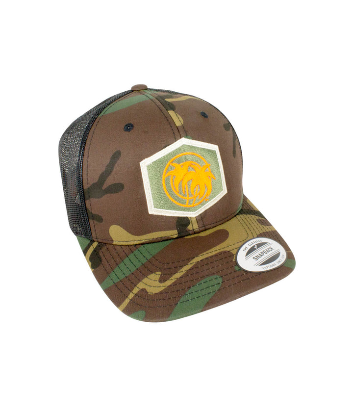 Palm Socket Retro Trucker Hat featuring camo design and embroidered logo. Perfect hat for casual wear.