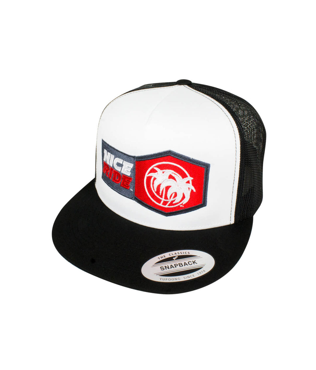 Socket Trucker baseball hat with NICERIDE design, classic snapback style, and palm logo embroidered.