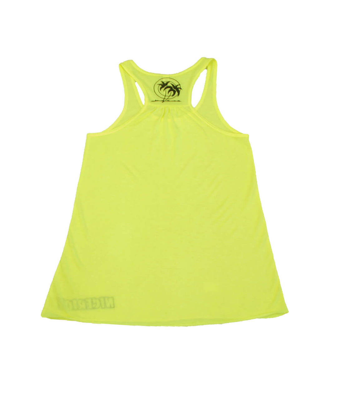 Back view of Pacific Flowy tank top for women in bright yellow with palm logo.
