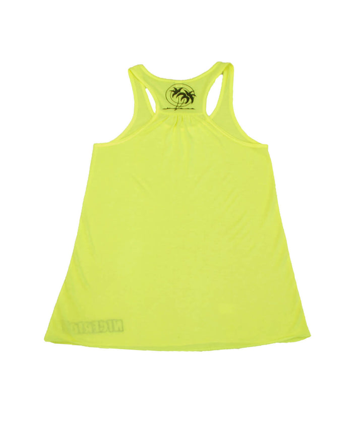 Back view of Pacific Flowy tank top for women in bright yellow with palm logo.