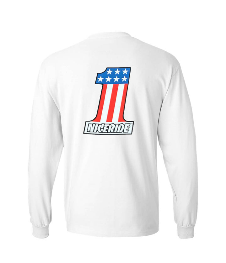 Not So Evil Hanes Beefy Tee 100% Cotton Long Sleeve Shirt with NICERIDE logo and patriotic design on back.