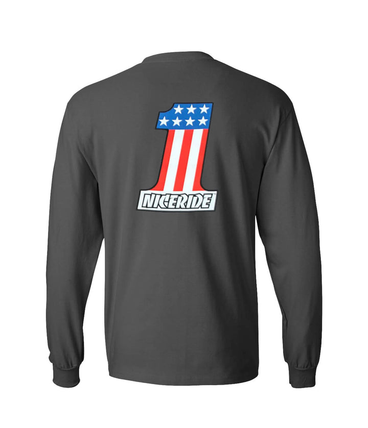 Not So Evil shirt featuring NICERIDE logo and patriotic design on the back of a gray long sleeve shirt.