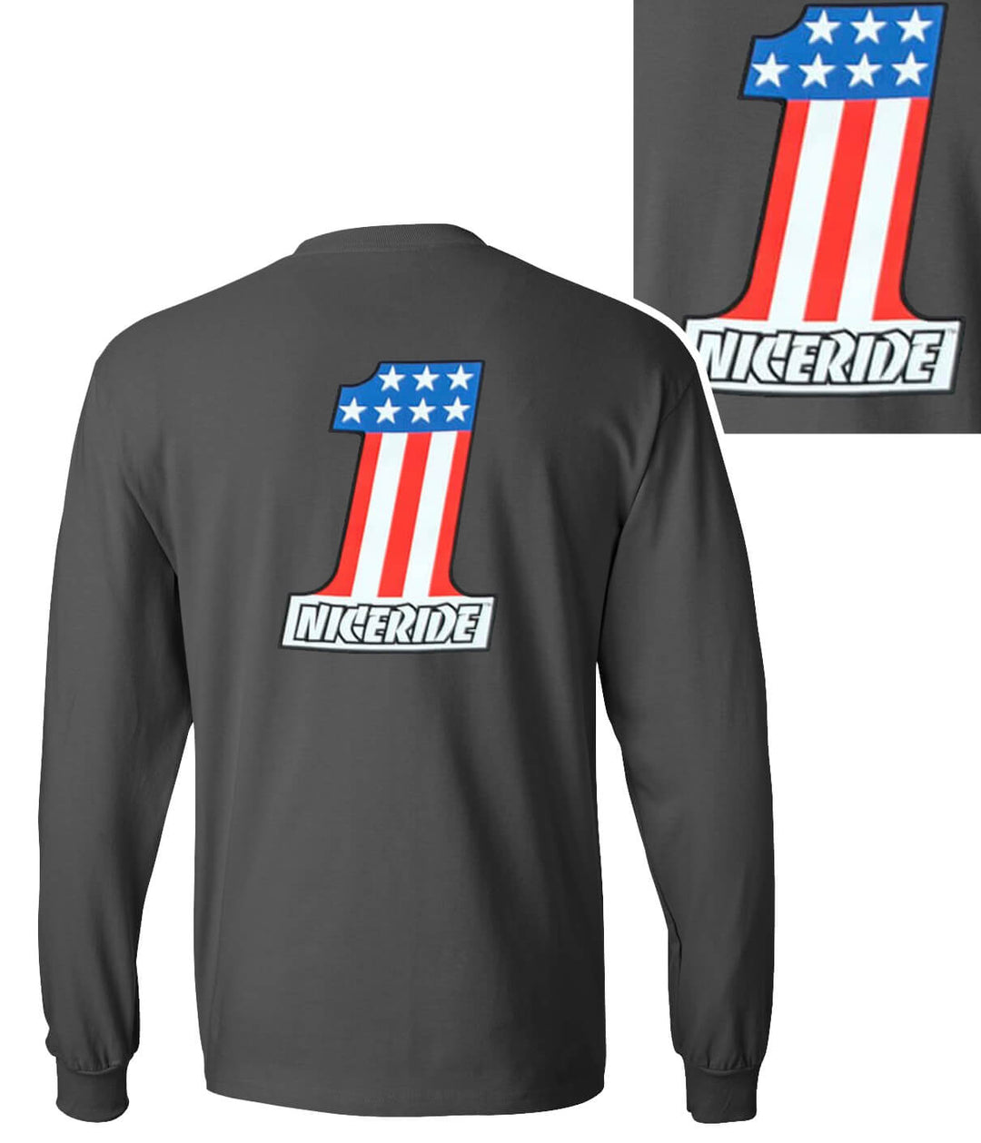Not So Evil shirt in gray featuring the NICERIDE logo and number one design with red, white, and blue colors.