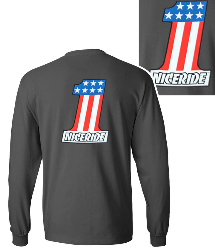 Not So Evil shirt in gray featuring the NICERIDE logo and number one design with red, white, and blue colors.