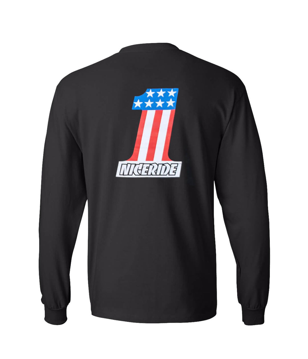 Not So Evil Hanes Beefy Tee long sleeve shirt with NICERIDE logo and USA flag design on the back.
