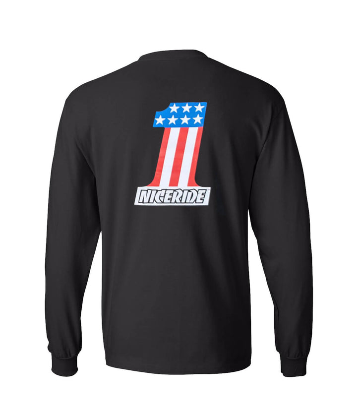 Not So Evil Hanes Beefy Tee long sleeve shirt with NICERIDE logo and USA flag design on the back.