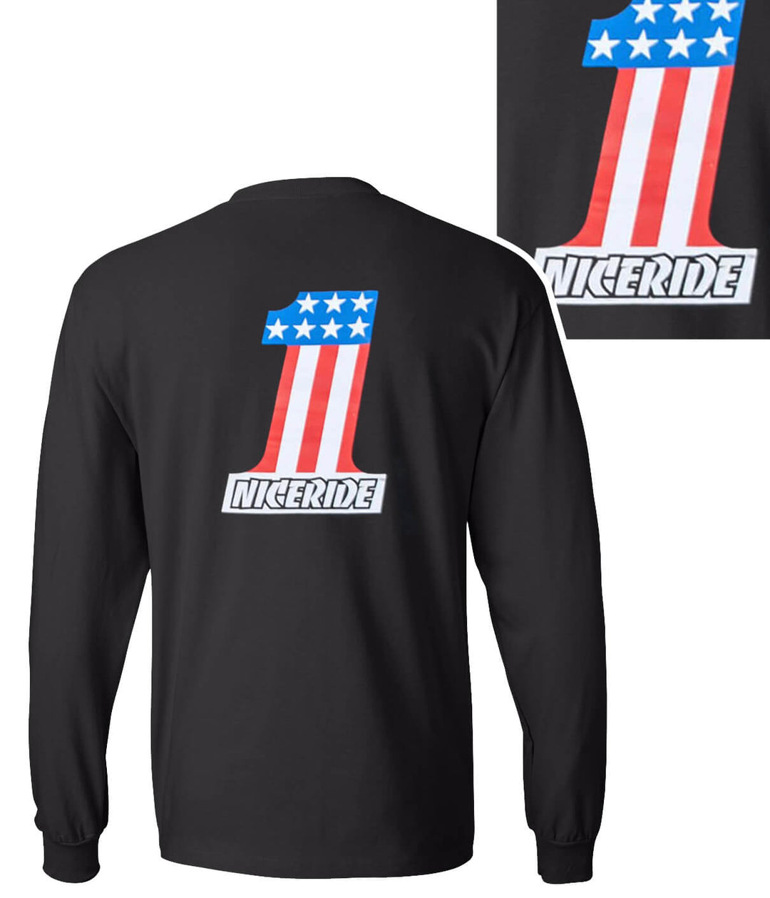 Not So Evil black long sleeve shirt with NICERIDE logo printed on the back, featuring a patriotic number one design.