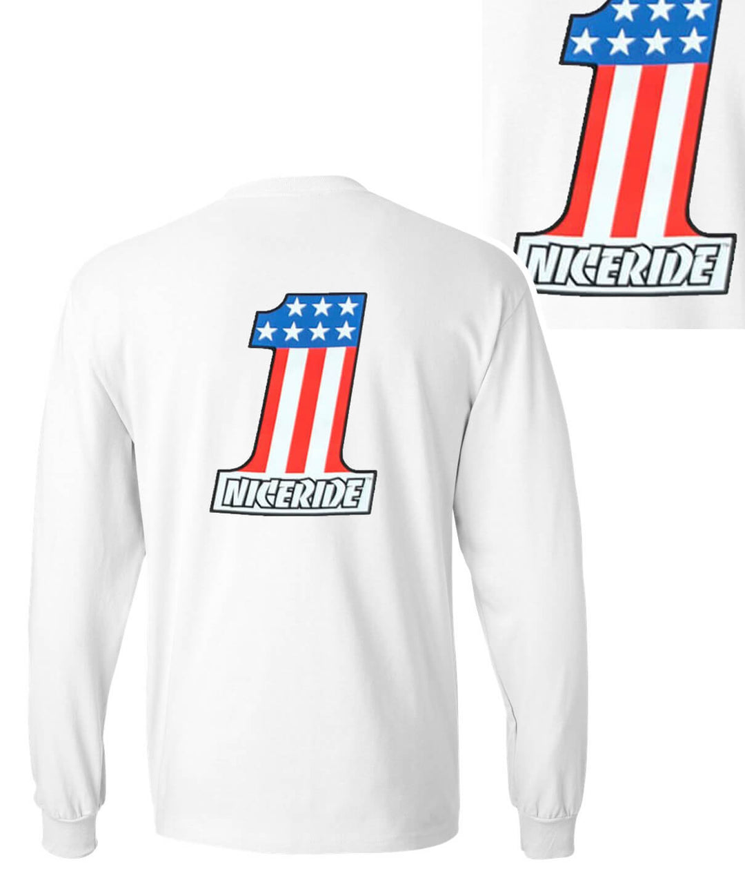 Not So Evil shirt featuring NICERIDE logo and number 1 in red, white, and blue on back of long sleeve cotton shirt.