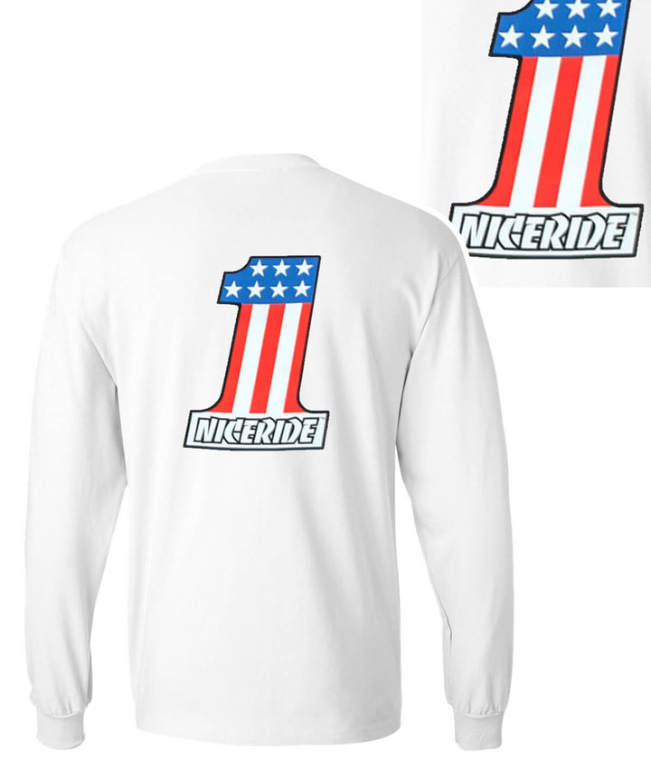 Not So Evil shirt featuring NICERIDE logo and number 1 in red, white, and blue on back of long sleeve cotton shirt.