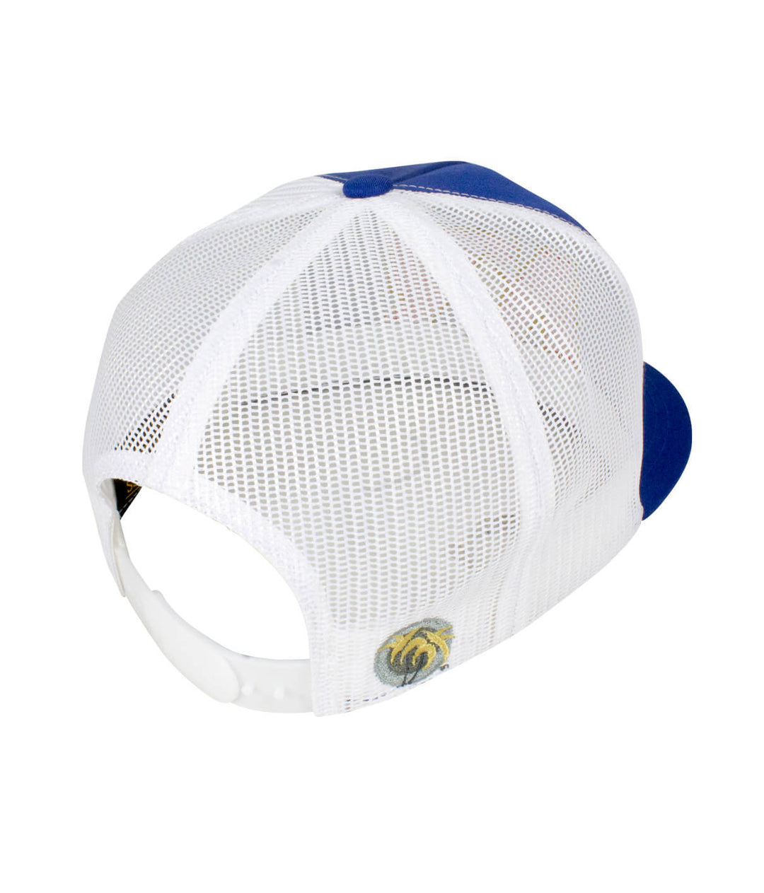 Back view of the interesting hat, mesh design with blue top and embroidered logo.