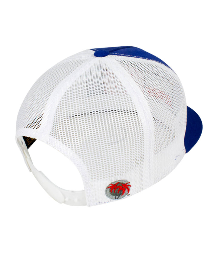 Back view of the Socket Trucker Baseball hat showcasing the mesh design and blacked out palm logo, perfect hat for outdoor wear.