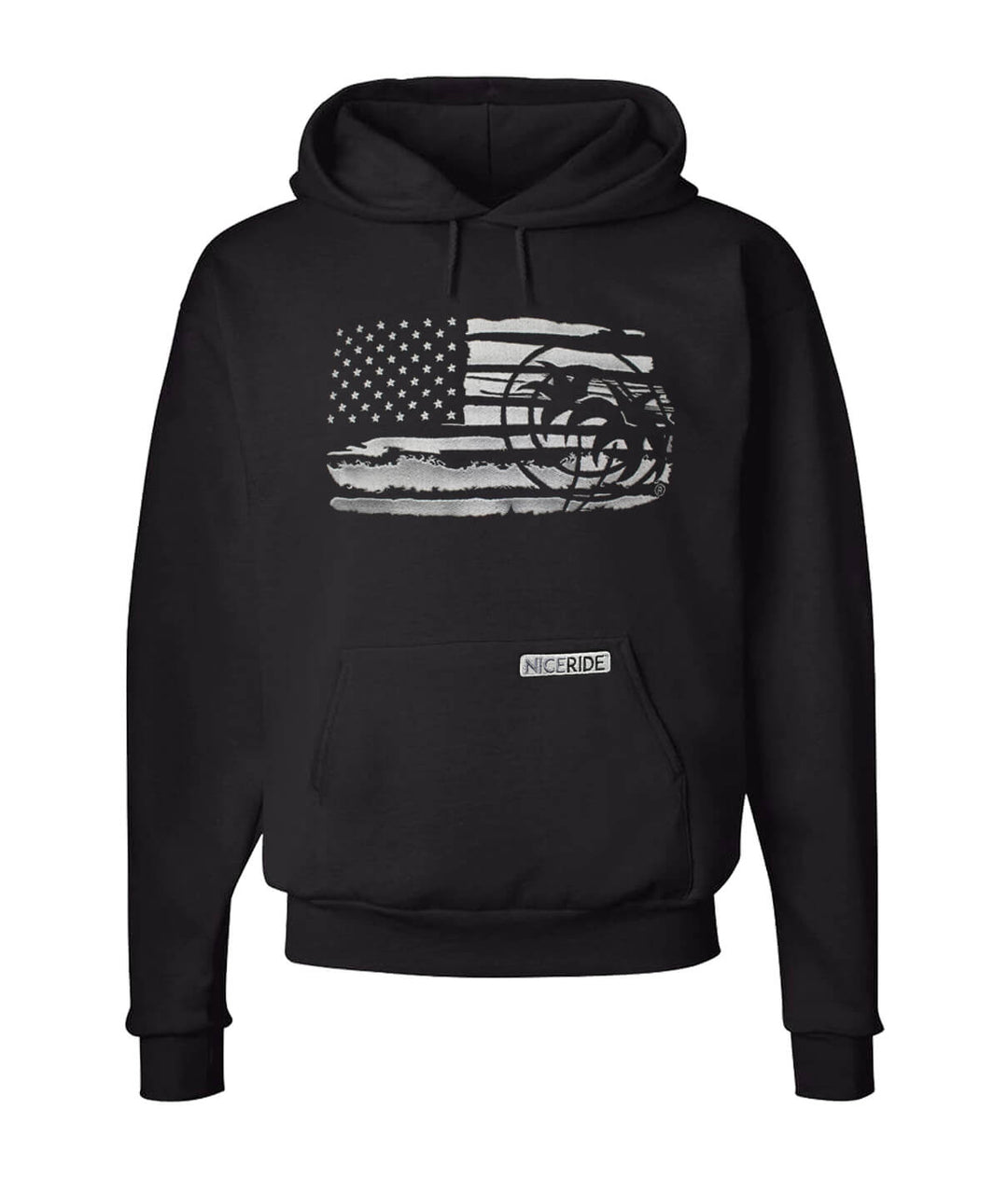 Black unisex hoodie featuring American flag and NICERIDE&