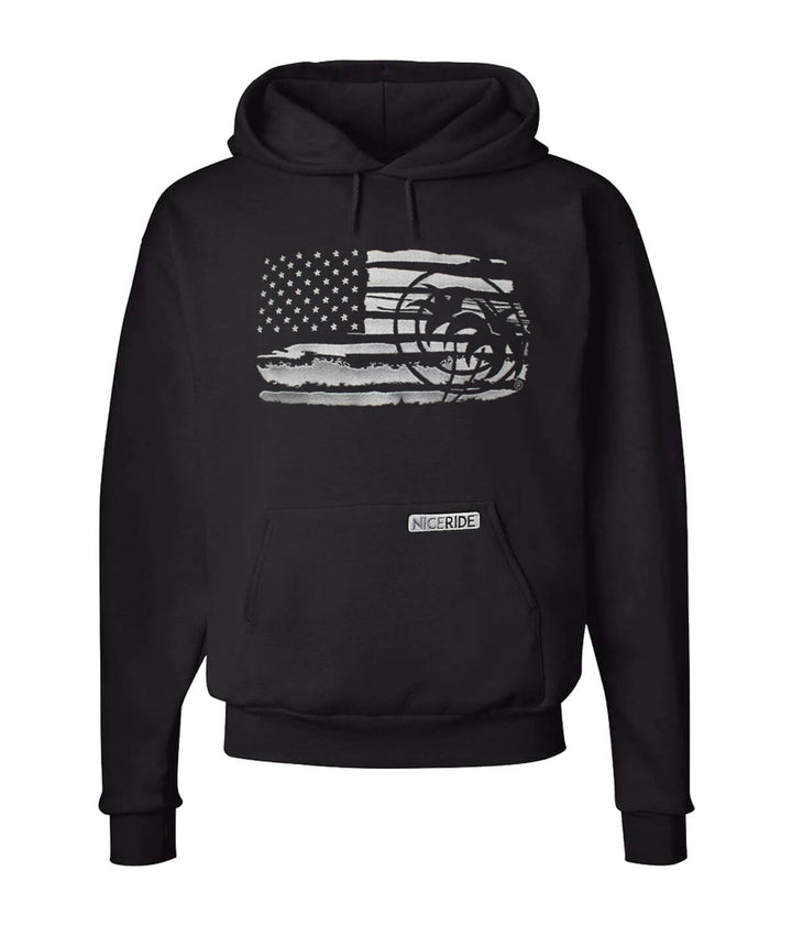 Black unisex hoodie featuring American flag and NICERIDE&