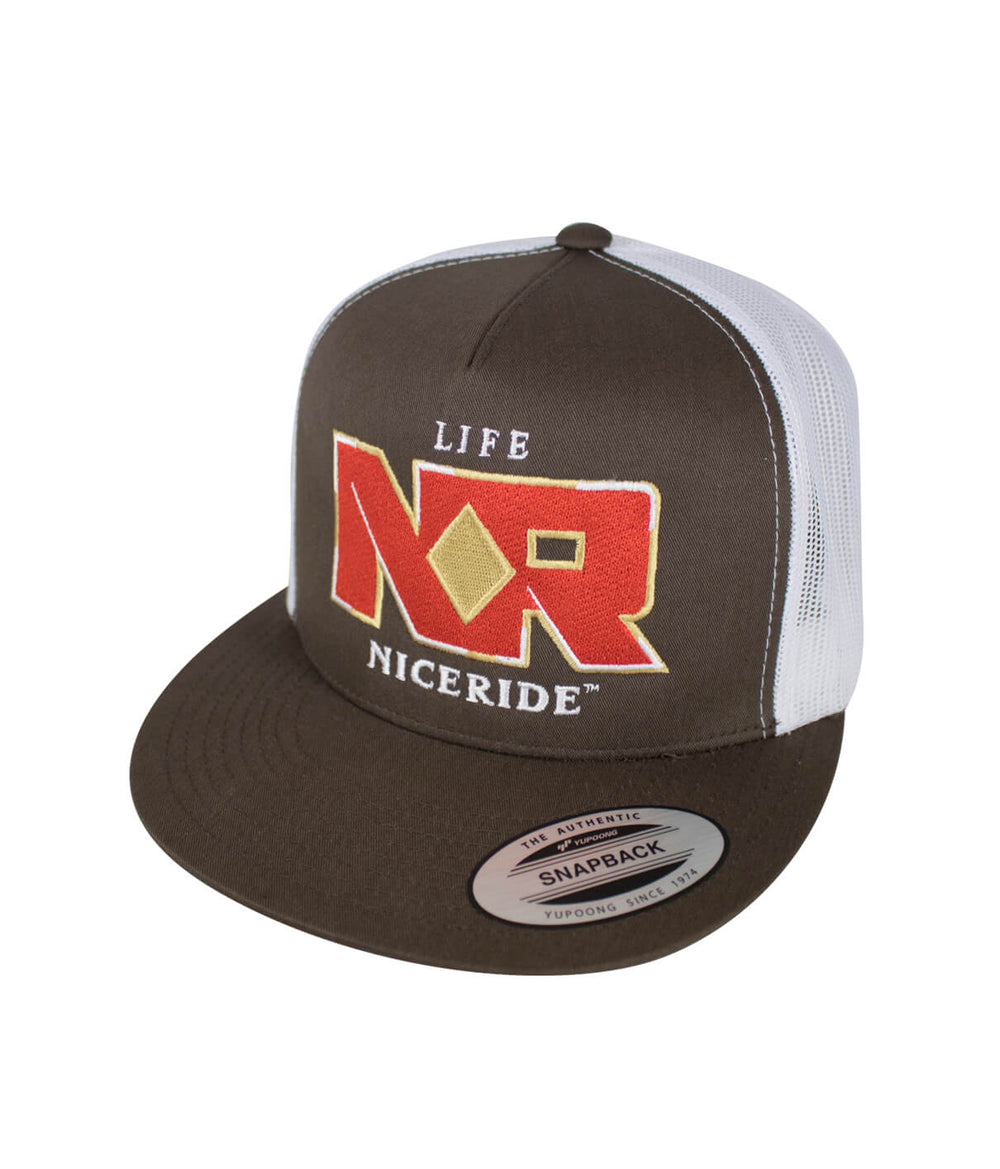 Classic snapback hat with NICERIDE design in red, yellow, and white, perfect for casual wear.