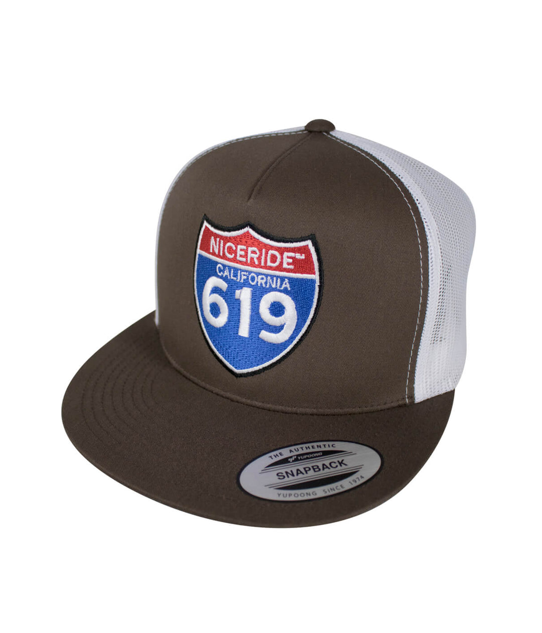 Interstate 619 unisex trucker hat with embroidered logo on a brown snapback cap