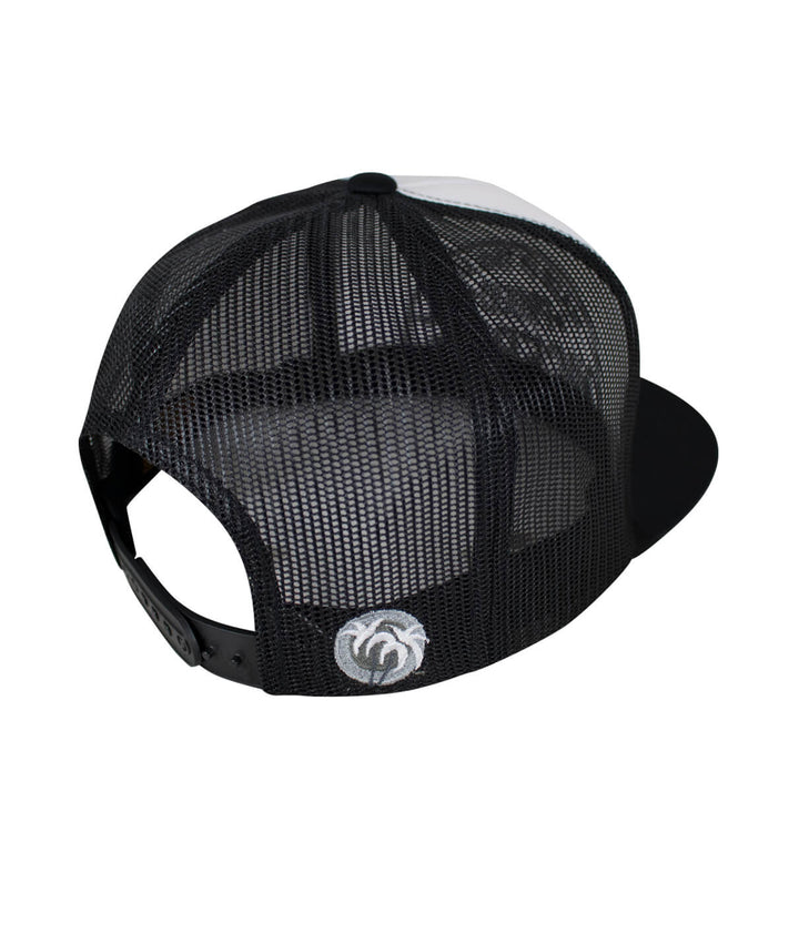 Black mesh back of the "Proud" Trucker Hat featuring palm logo and snapback closure, perfect for casual wear.