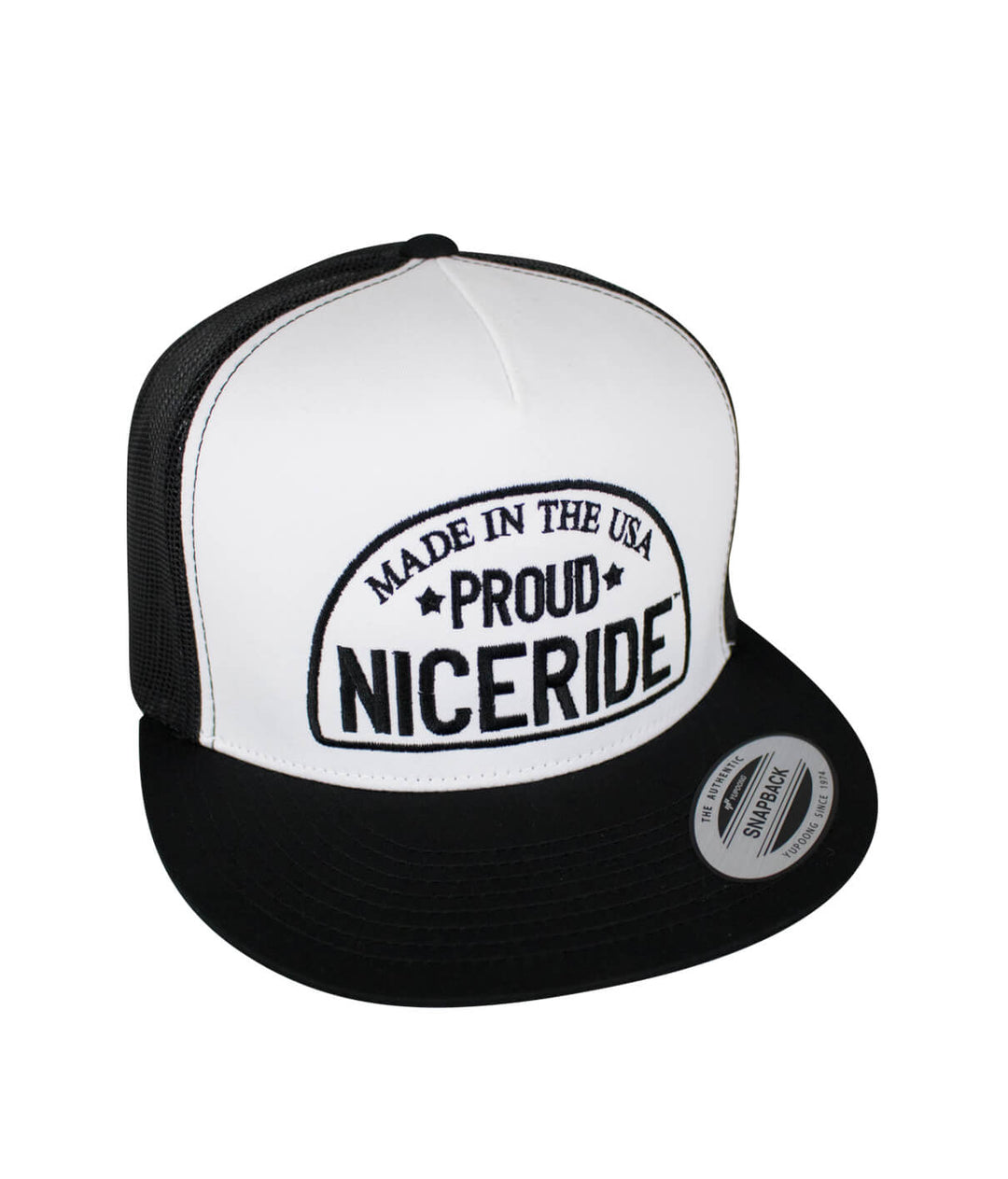 Classic white and black trucker hat featuring &