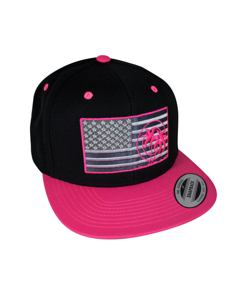 Strong - Neon snapback hat featuring American flag and pink accents, perfect stylish hat for casual wear.