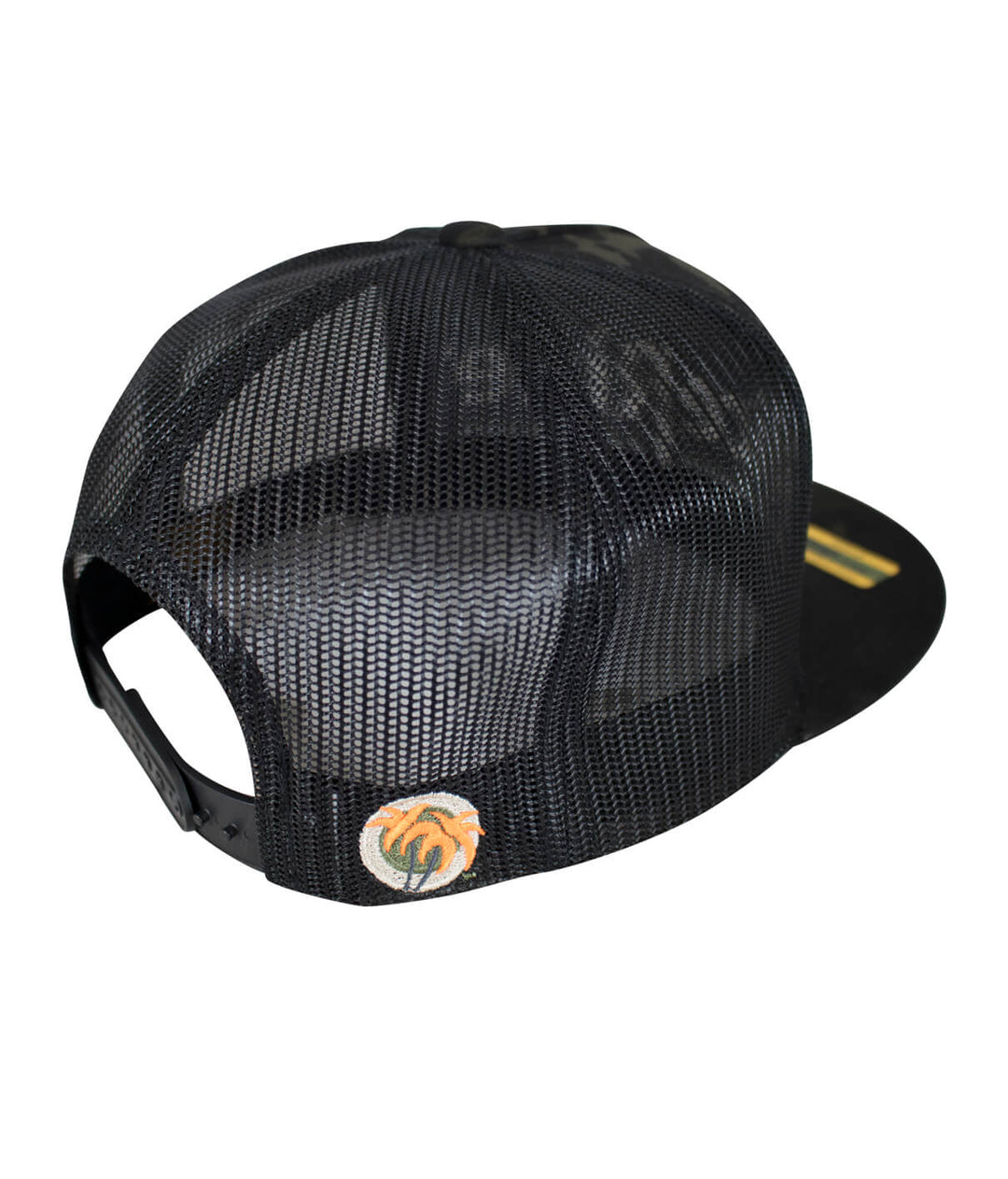 Back view of a "Low Tide" Trucker Hat showcasing the palm logo, designed and embroidered in the USA.