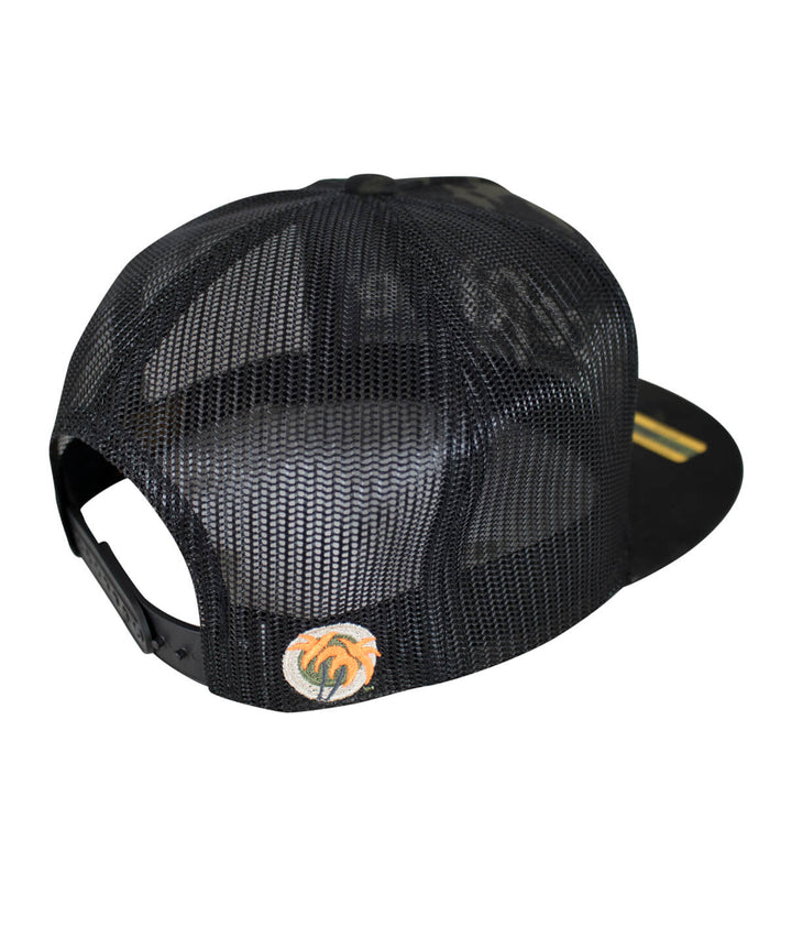 Back view of a "Low Tide" Trucker Hat showcasing the palm logo, designed and embroidered in the USA.
