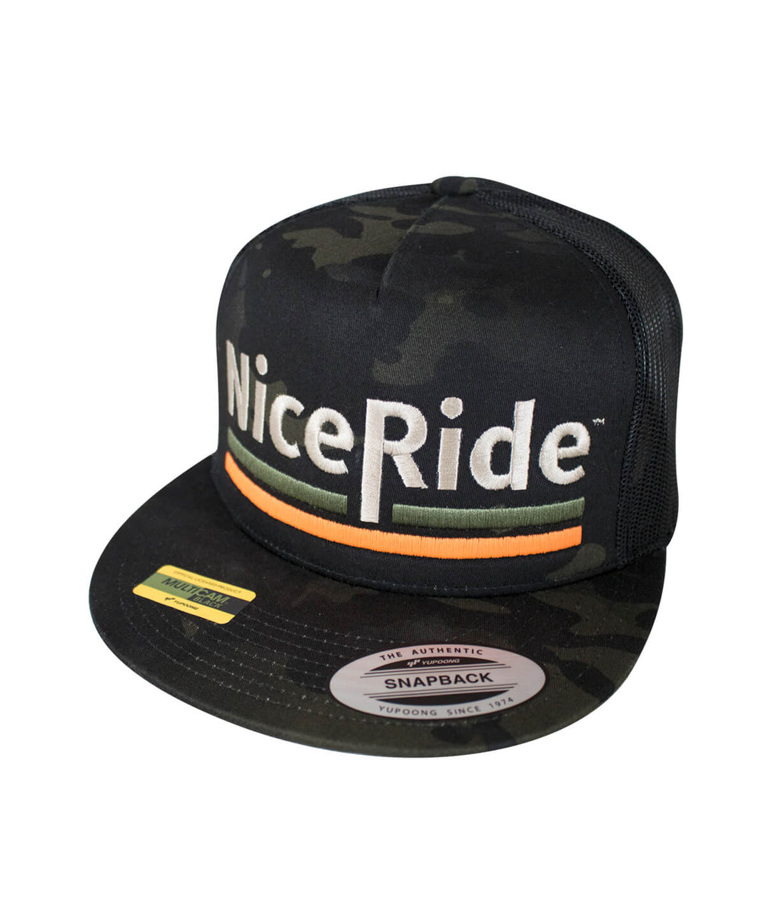 Low Tide trucker hat featuring NICERIDE logo on a camo design with snapback closure.