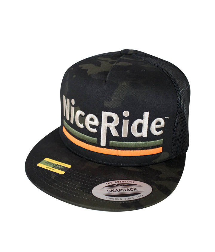Low Tide trucker hat featuring NICERIDE logo on a camo design with snapback closure.