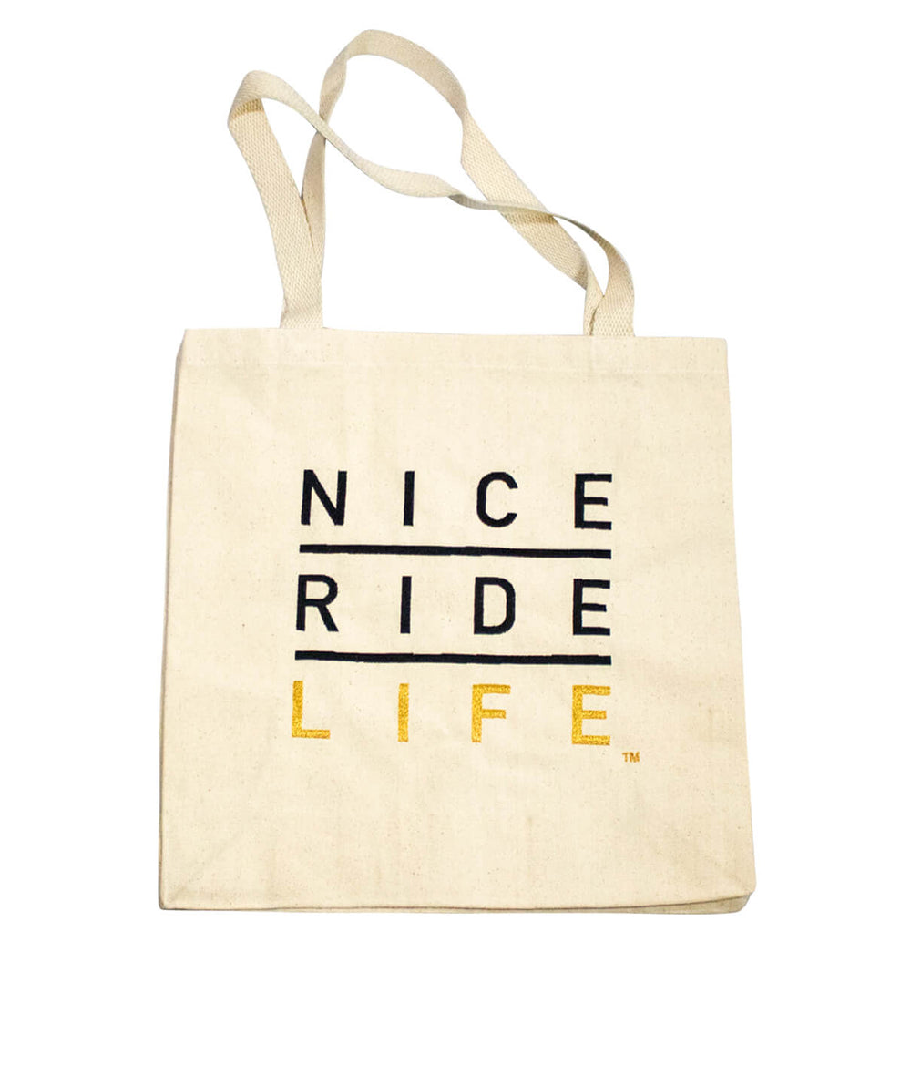 La Jolla Canvas Tote with Square Bottom Gusset featuring NICE RIDE LIFE design, 100% cotton, extra long handles.