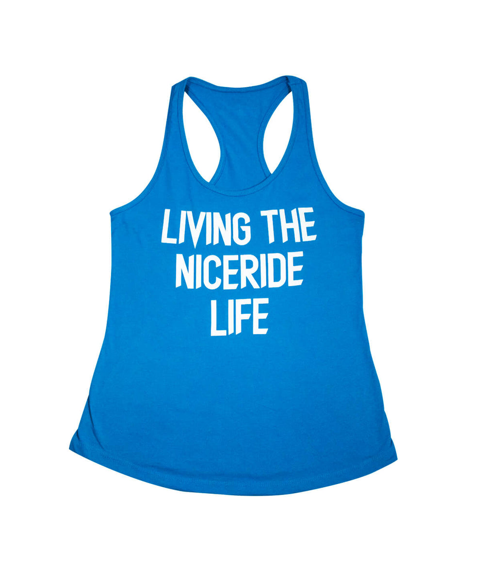 Blue Next Level women's racerback tank top printed with 'Living The Niceride Life', perfect for casual wear tank top.