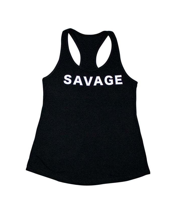SAVAGE tank top featuring a bold front print on a black racerback design, showcasing comfort and style.